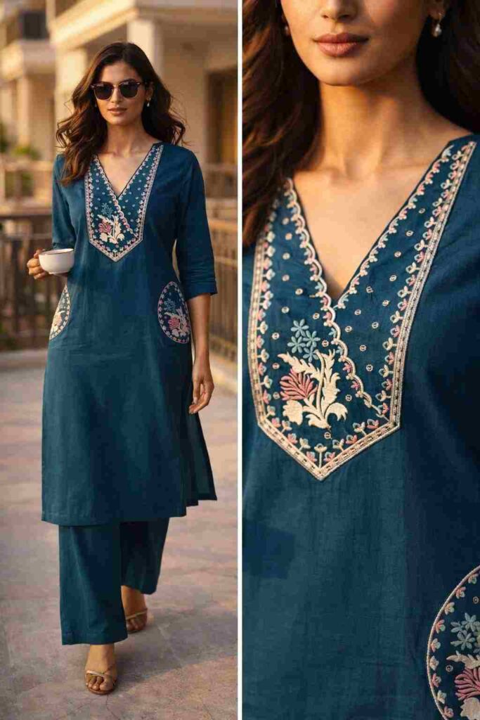 Teal Blue Embroidered Kurta Set