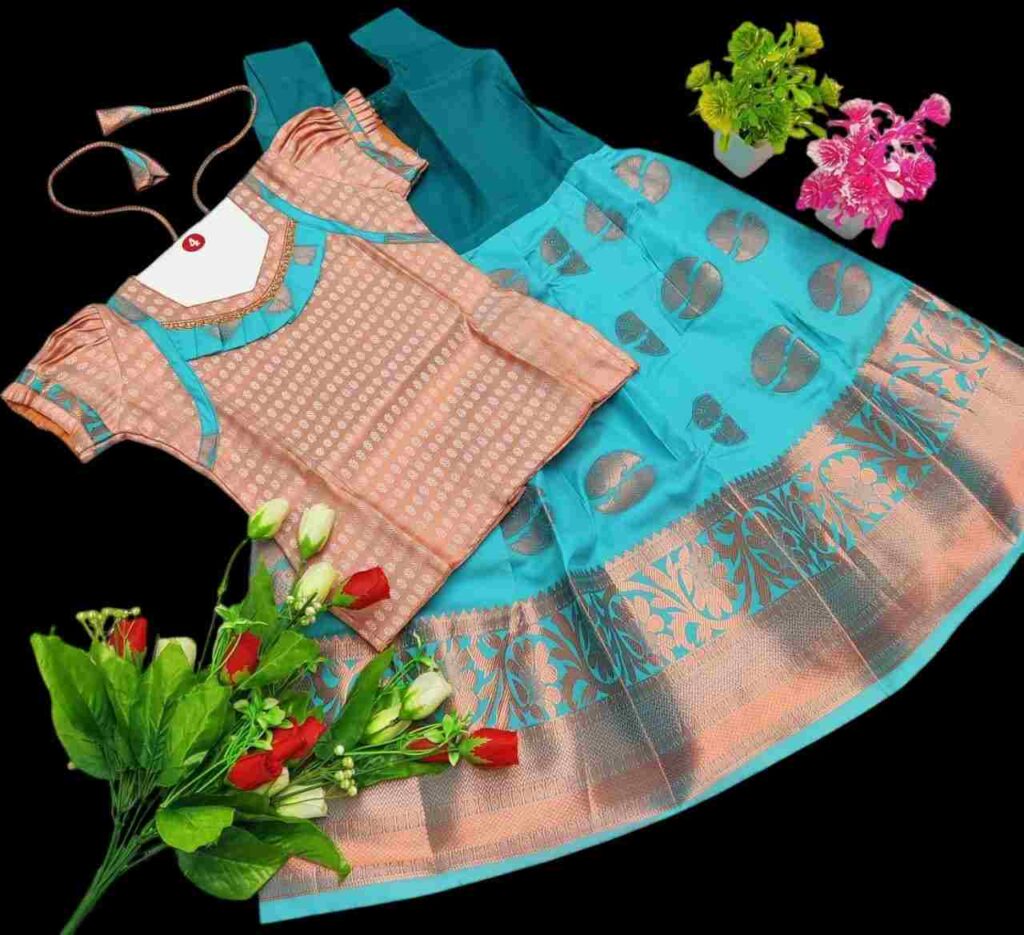 Aqua Rose Brocade Pavadai