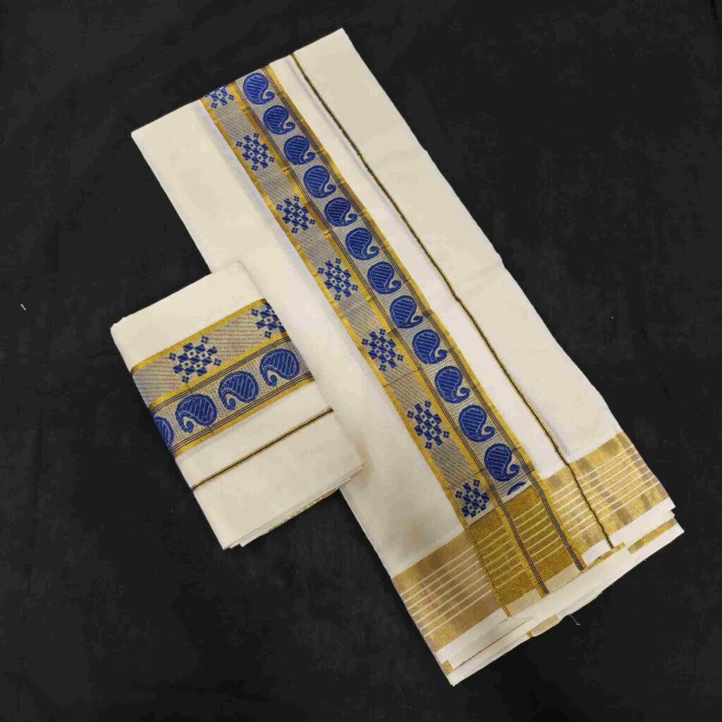 Premium Kerala Kasavu Saree with Royal Blue Border
