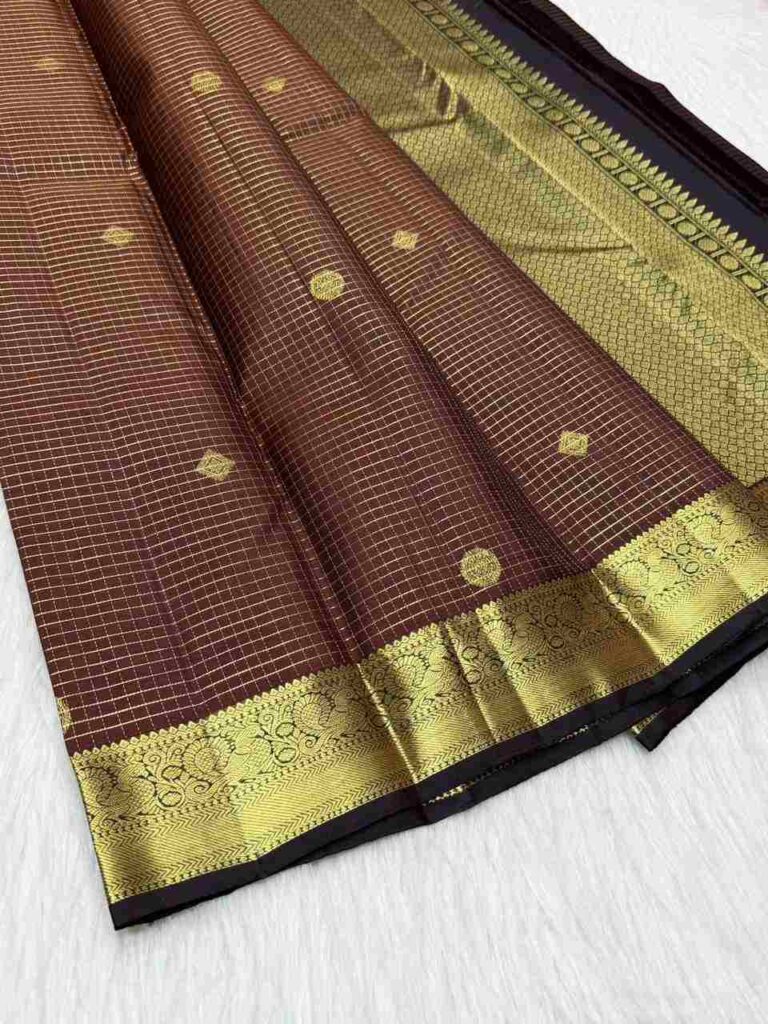 Coffee Brown Checks Silk Sare
