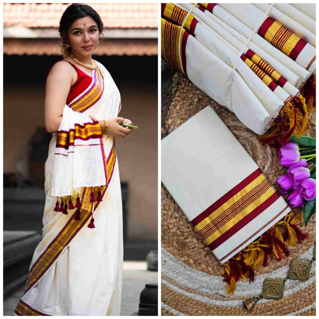 Traditional Kerala Kasavu Saree – Maroon & Gold Border