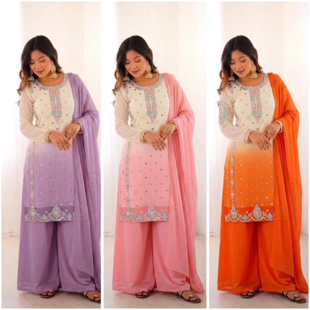 Ombre Embroidered Palazzo Suit Set with Dupatta