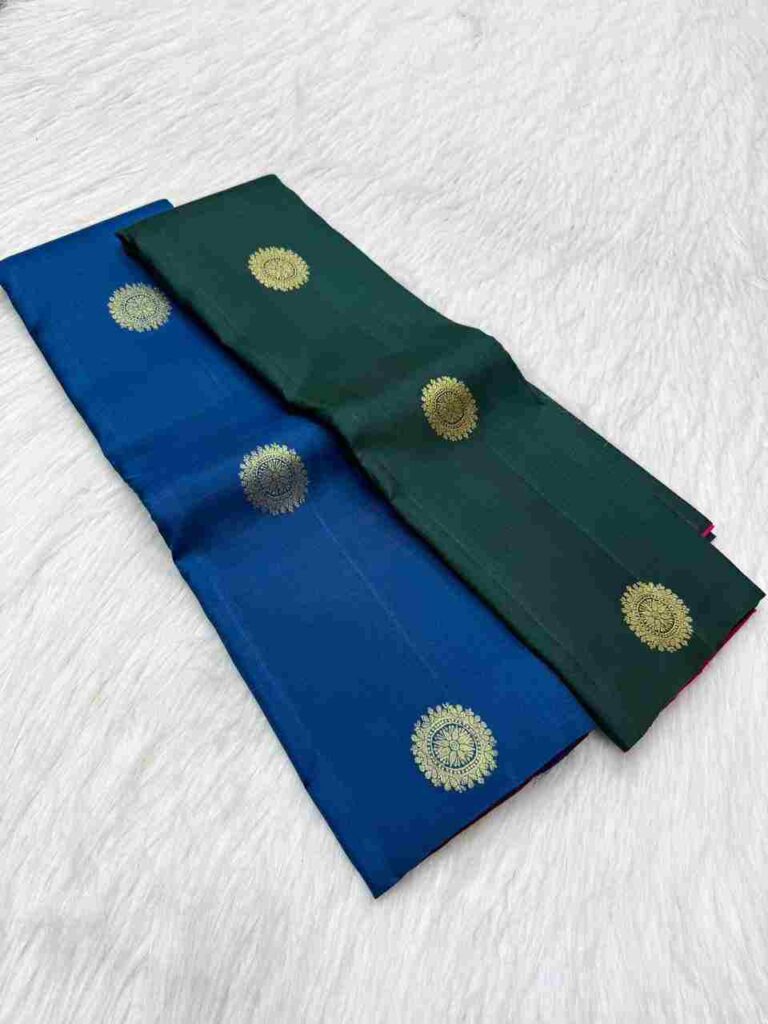 Royal Blue Zari Butta Silk Saree     Emerald Green Zari Butta Silk Saree