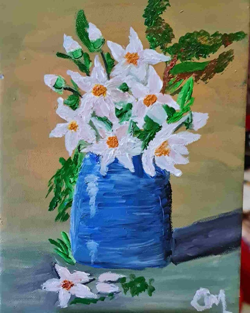 White Flowers in Blue Vase