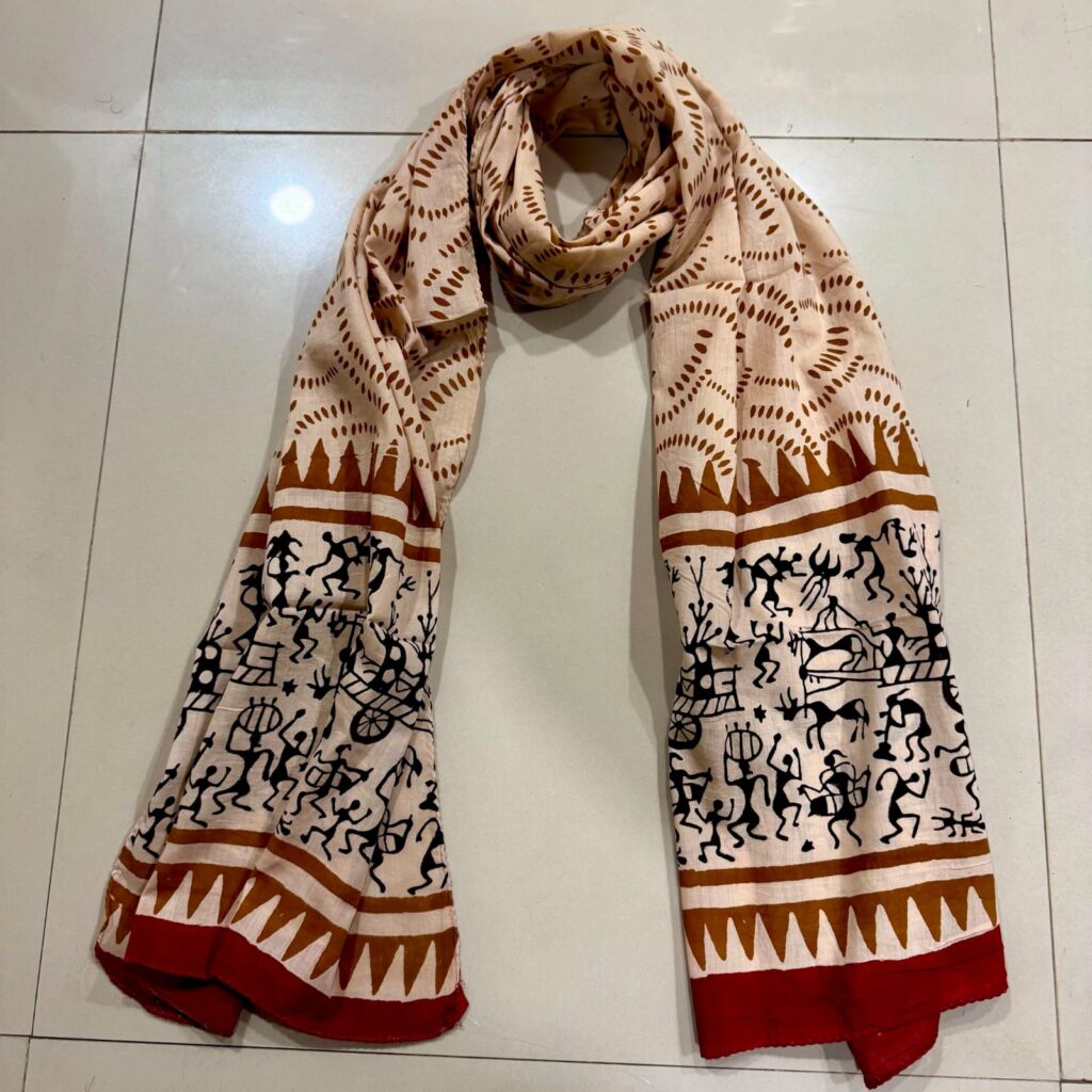 Warli Art Printed Cotton Scarf – Beige & Rust