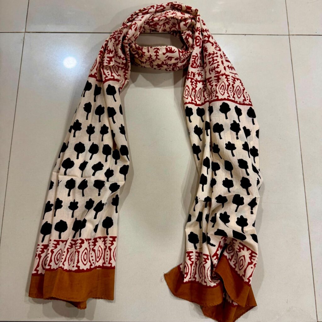 Tribal Tree Motif Cotton Scarf – Maroon & Black