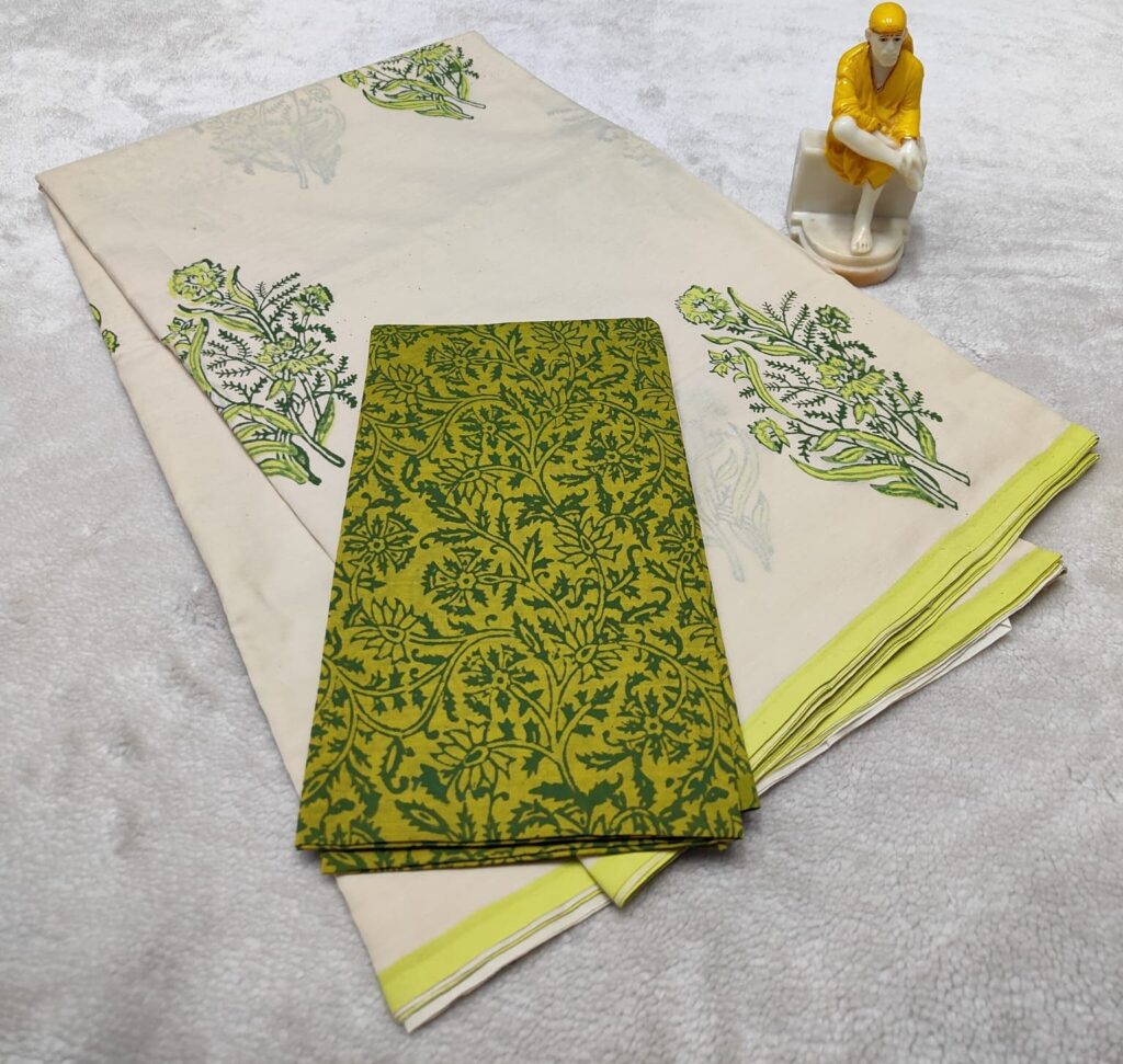 Cream & Lime Floral Cotton Saree with Designer Blouse