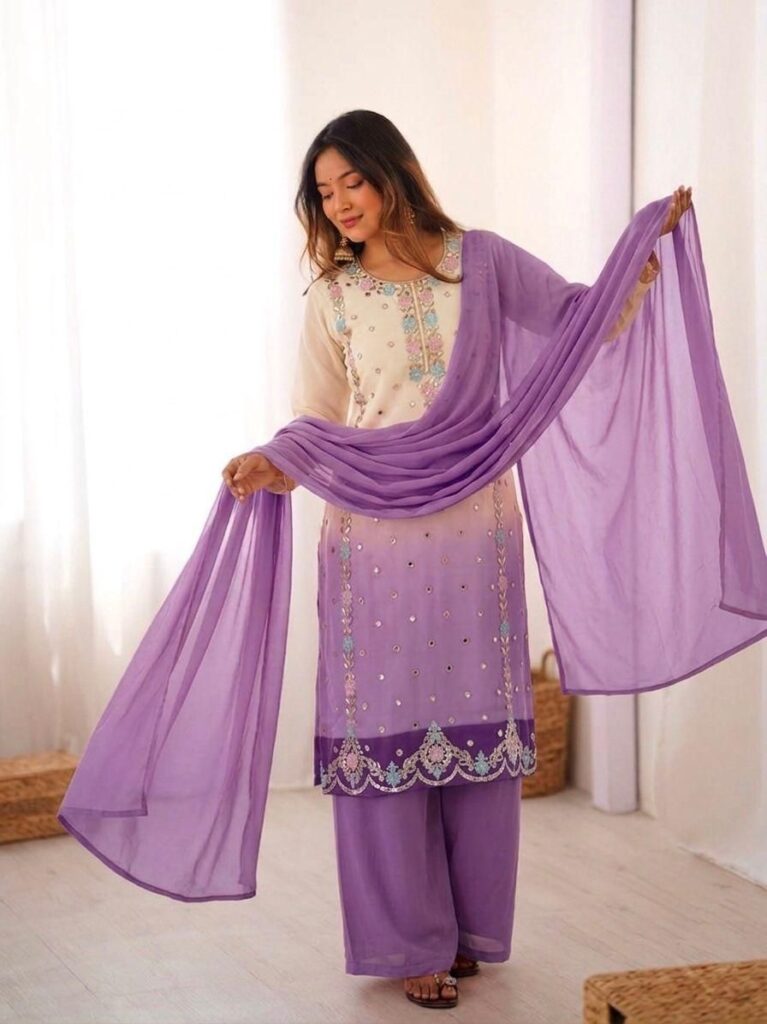 Purple Embroidered Kurta Palazzo Set