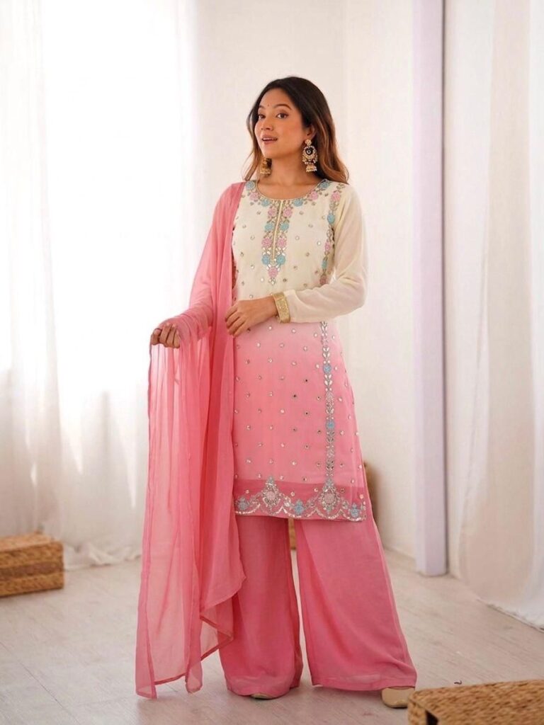 Blush Pink Ombre Embroidered Palazzo Suit Set with Dupatta