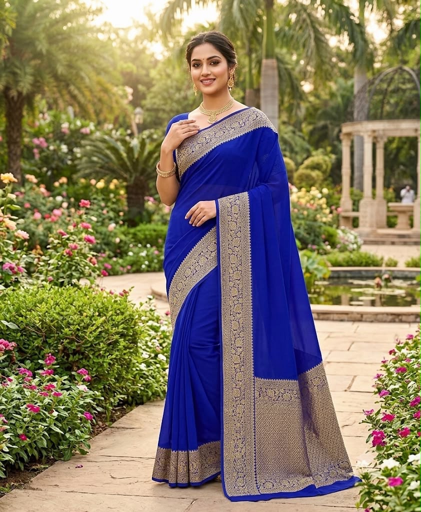 Pure Georgette chiffon plain saree with border