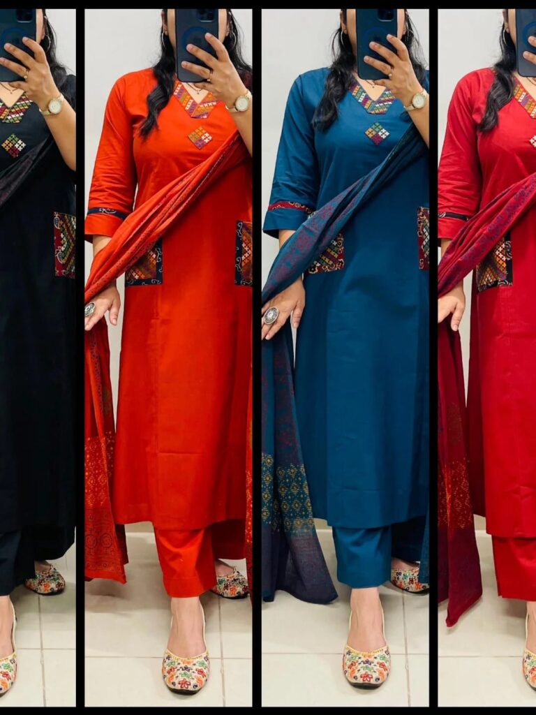 Trending Stylish Rich   Cotton suits.  Heavy Colourful Embroidery work on Pockets & Aline kurta with side slit.